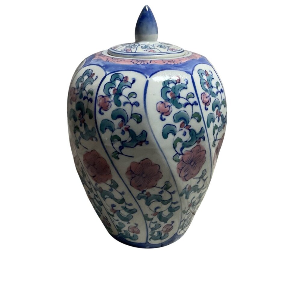 Chinese Hand-Painted Floral Ceramic Ginger Jar w Lid H 11" Chinoiserie Decor